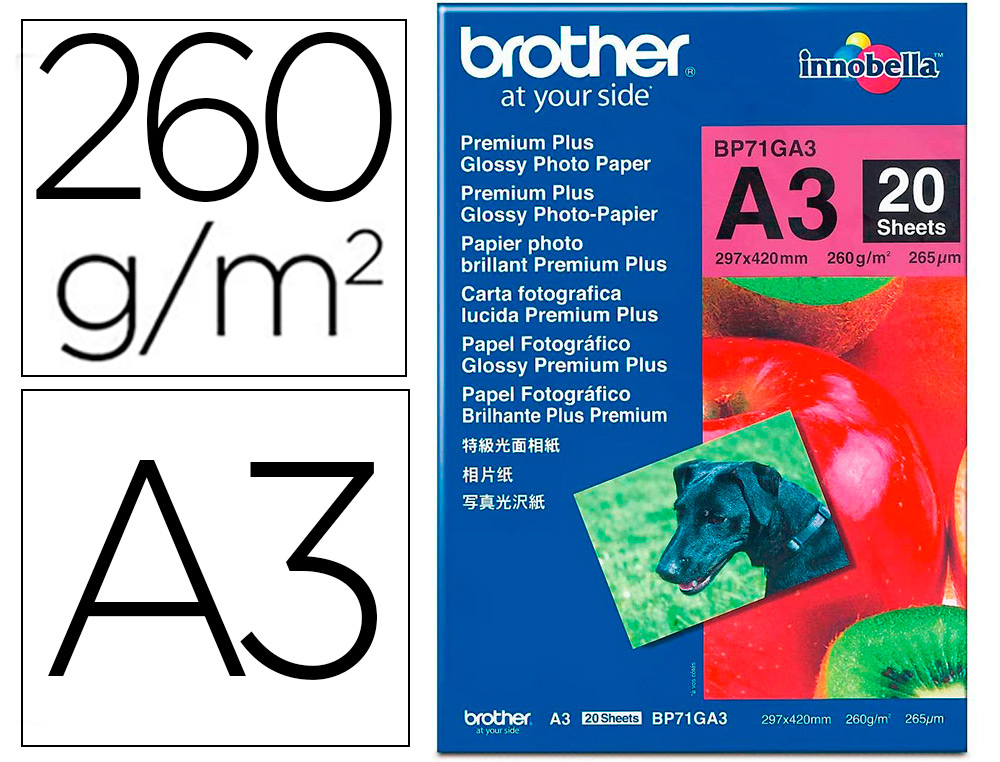 PAPEL FOTOGRAFICO BROTHER PREMIUM PLUS BRILLO DIN A3 260G/M2 INK-JET PACK DE 20 HOJAS