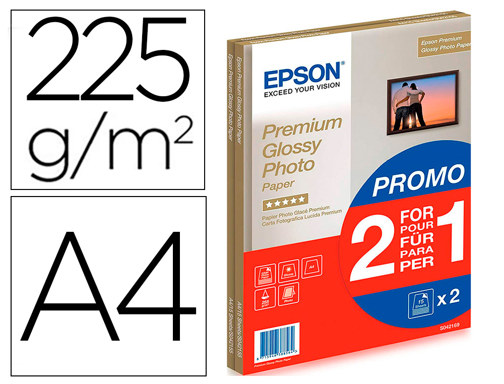 PAPEL FOTOGRAFICO EPSON PREMIUN GLOSSY PHOTO SATINADO DIN A4 PROMO 2 X 15 HOJAS 225 GR