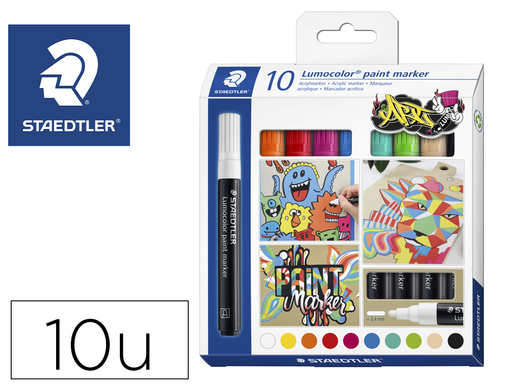 ROTULADOR STAEDTLER TINTA ACRILICA PUNTA REDONDA 2,4 MM ESTUCHE DE 10 UNIDADES COLORES SURTIDOS