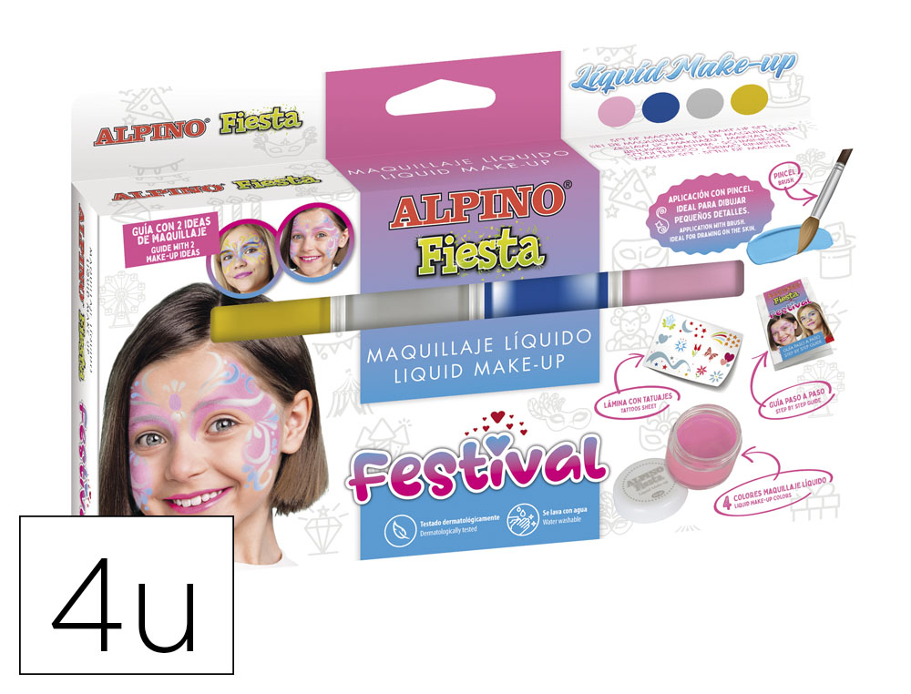 MAQUILLAJE LQUIDO ALPINO FESTIVAL CAJA DE 4 COLORES SURTIDOS + PINCEL + FOLLETO