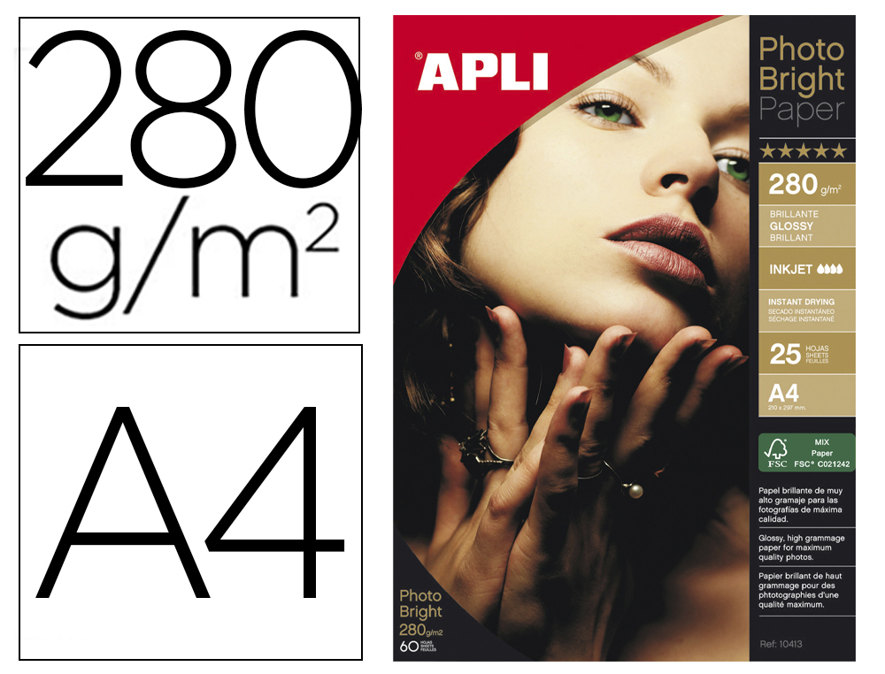 PAPEL FOTOGRAFICO APLI GLOSSY DIN A4 INK-JET 280 GR PACK DE 25 HOJAS