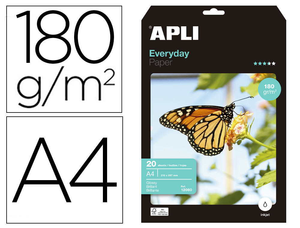 PAPEL FOTOGRAFICO APLI EVERYDAY GLOSSY DIN A4 INK-JET 180 GR PACK DE 20 HOJAS