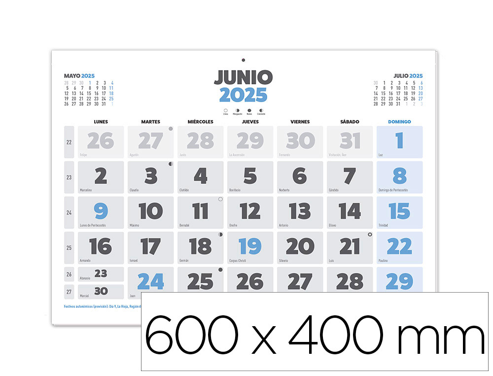 CALENDARIO PARED LIDERPAPEL CLASICO 2025 LOMO ENGOMADO 60X40 CM PAPEL 105 GR