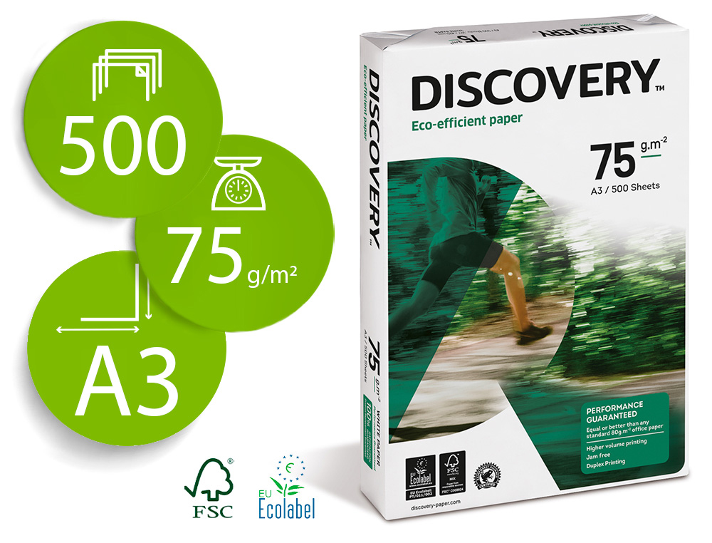 PAPEL FOTOCOPIADORA DISCOVERY DIN A3 75 GRAMOS PAPEL MULTIUSO INK-JET Y LASERPAQUETE DE 500 HOJAS