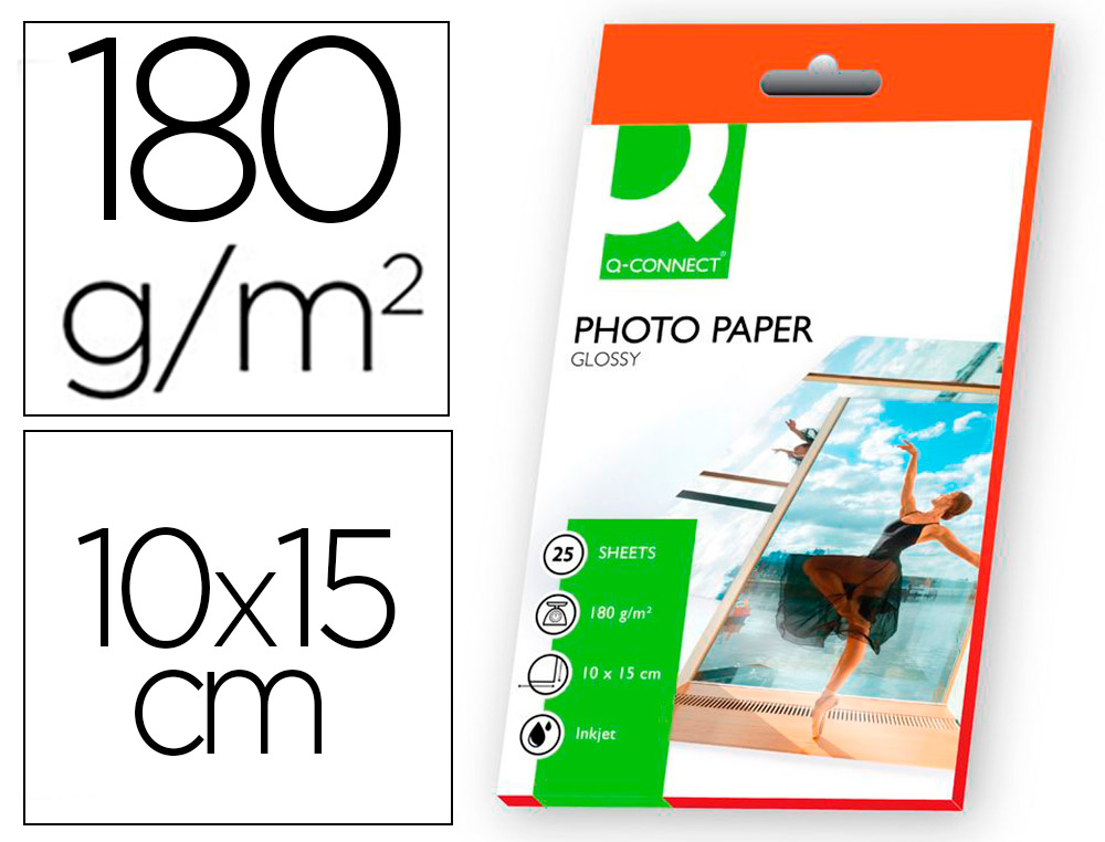 PAPEL Q-CONNECT FOTO GLOSSY KF01905 10X15 CM DIGITAL PHOTO PARA INK-JET BOLSA DE 25 HOJAS DE 180 GR