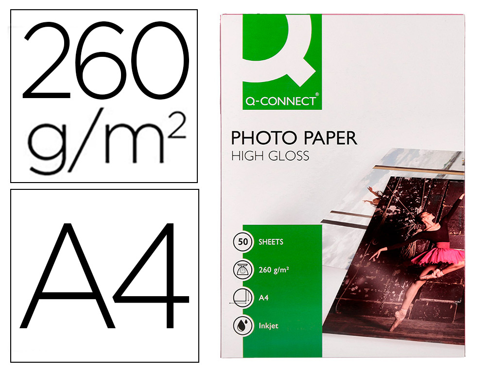 PAPEL Q-CONNECT FOTO GLOSSY DIN A4 ALTA CALIDAD DIGITAL PHOTO PARA INK-JET BOLSA DE 50 HOJAS DE 260 GR