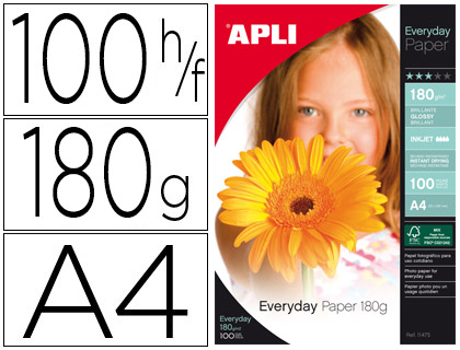 PAPEL FOTOGRAFICO APLI GLOSSY DIN A4 PACK 100 HOJAS DE 180 GR