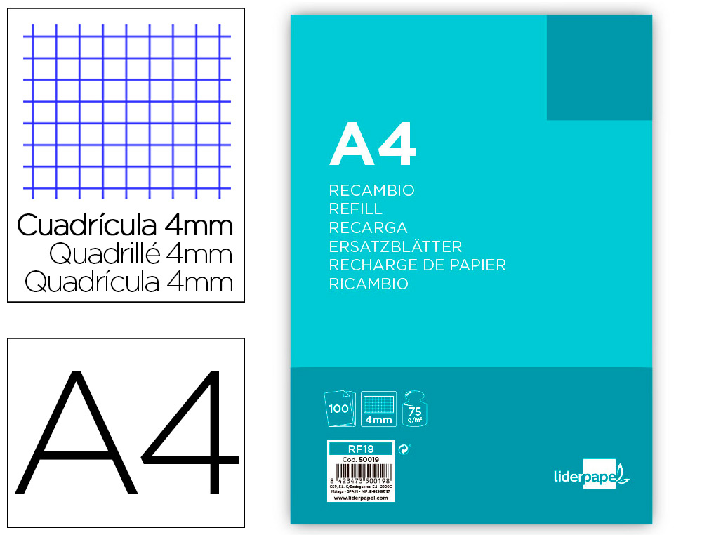 RECAMBIO LIDERPAPEL A4 100 HOJAS 75G/M2 CUADRO 4MM CON MARGEN 4 TALADROS