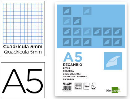 RECAMBIO LIDERPAPEL A5 120 HOJAS 75G/M2 CUADRO 5MM SIN MARGEN 6 TALADROS BANDAS DE 5 COLORES