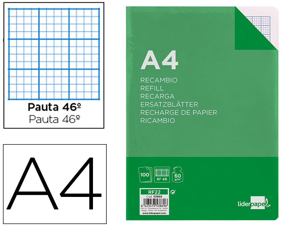 RECAMBIO LIDERPAPEL A4 100 HOJAS 60G/M2 RAYADO N 46 4 TALADROS