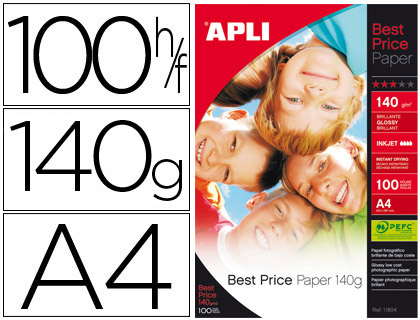 PAPEL FOTOGRAFICO APLI GLOSSY DIN A4 PACK DE 100 HOJAS 140 GR