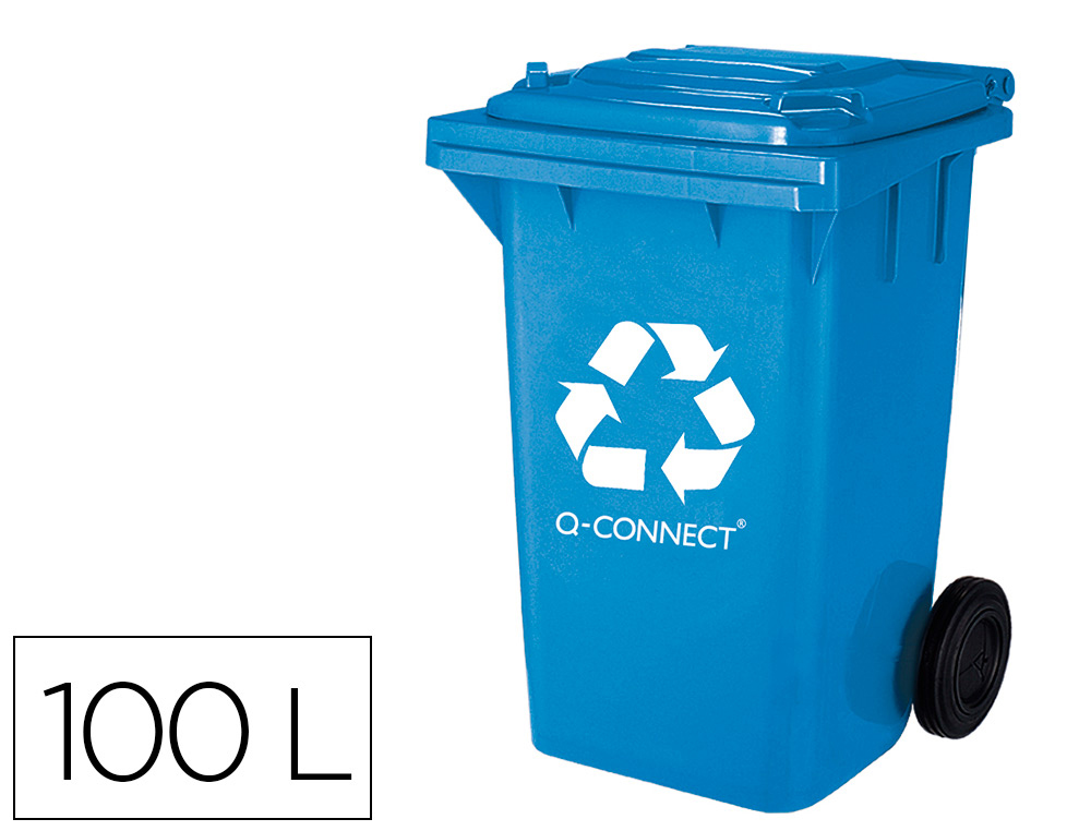 PAPELERA CONTENEDOR Q-CONNECT PLASTICO AZUL PARA PAPEL Y CARTON 100L CON TAPA Y RUEDAS 750X470X370 MM