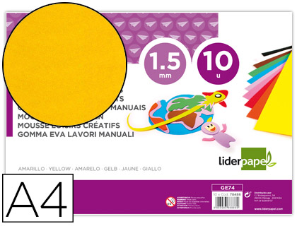 GOMA EVA LIDERPAPEL DIN A4 60G/M2 ESPESOR 1,5MM AMARILLO PAQUETE DE 10 HOJAS