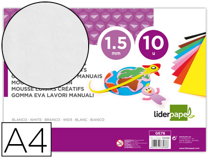 GOMA EVA LIDERPAPEL DIN A4 60G/M2 ESPESOR 1,5MM BLANCO PAQUETE DE 10 HOJAS