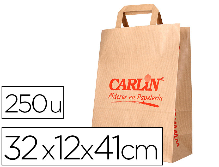 BOLSA KRAFT VERJURADO ASA PLANA CARLIN 32X12X41 CM 90 GR CAJA DE 250 UNIDADES